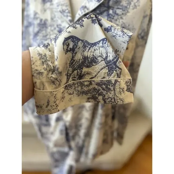 White & Blue Toile Jungle Print Satin Long Sleeve Pajama Pant Set